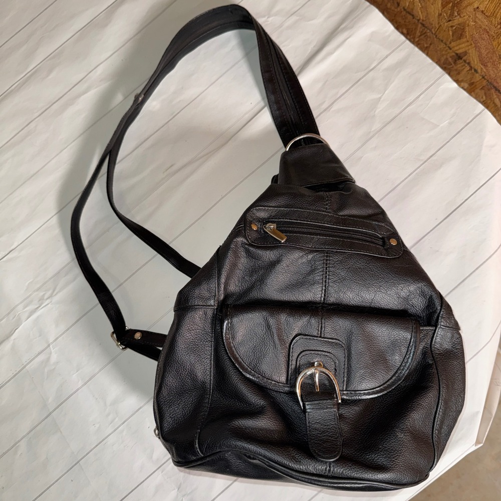 Black Faux Leather Backpack/Slouch Shoulder Bag Moto Biker Punk Grunge Hipster